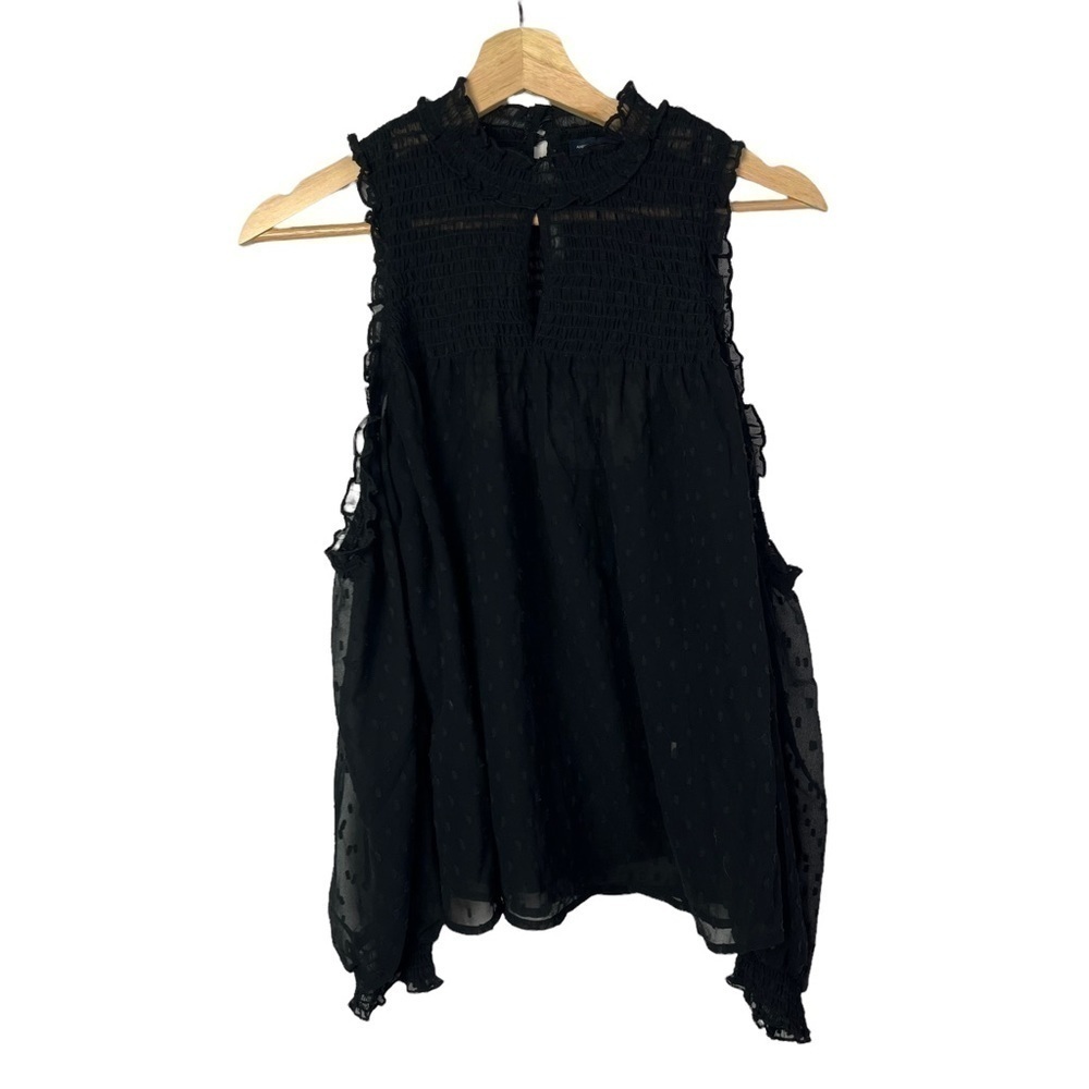 American Eagle AEO Black‎ High Neck Swiss Dot Cold Shoulder Long Sleeve Blouse M
